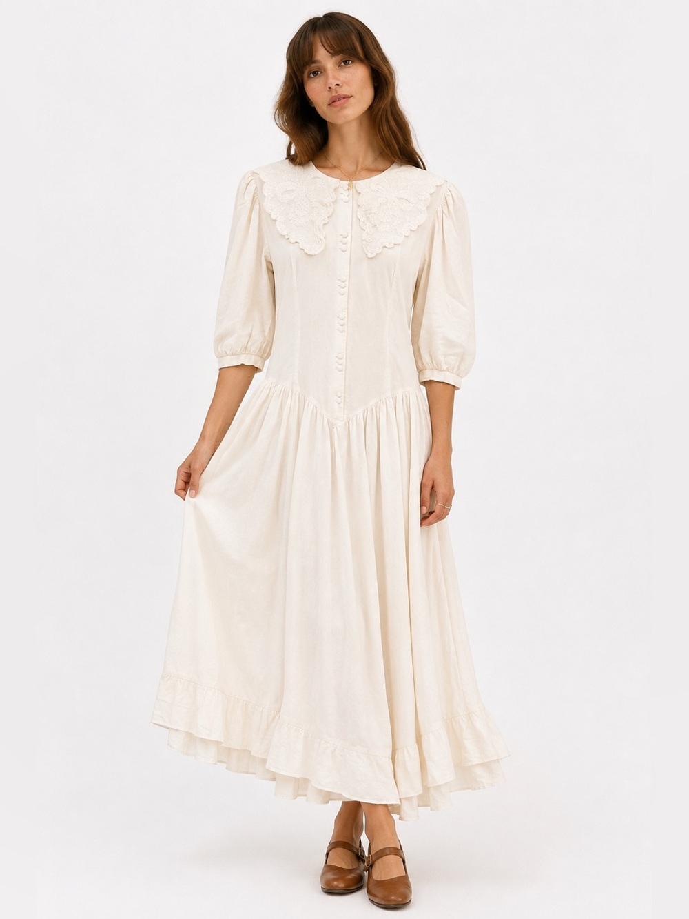 Nina Piccalino Vintage 80s Cotton Embroidered Collar Prairie Cottagecore Maxi